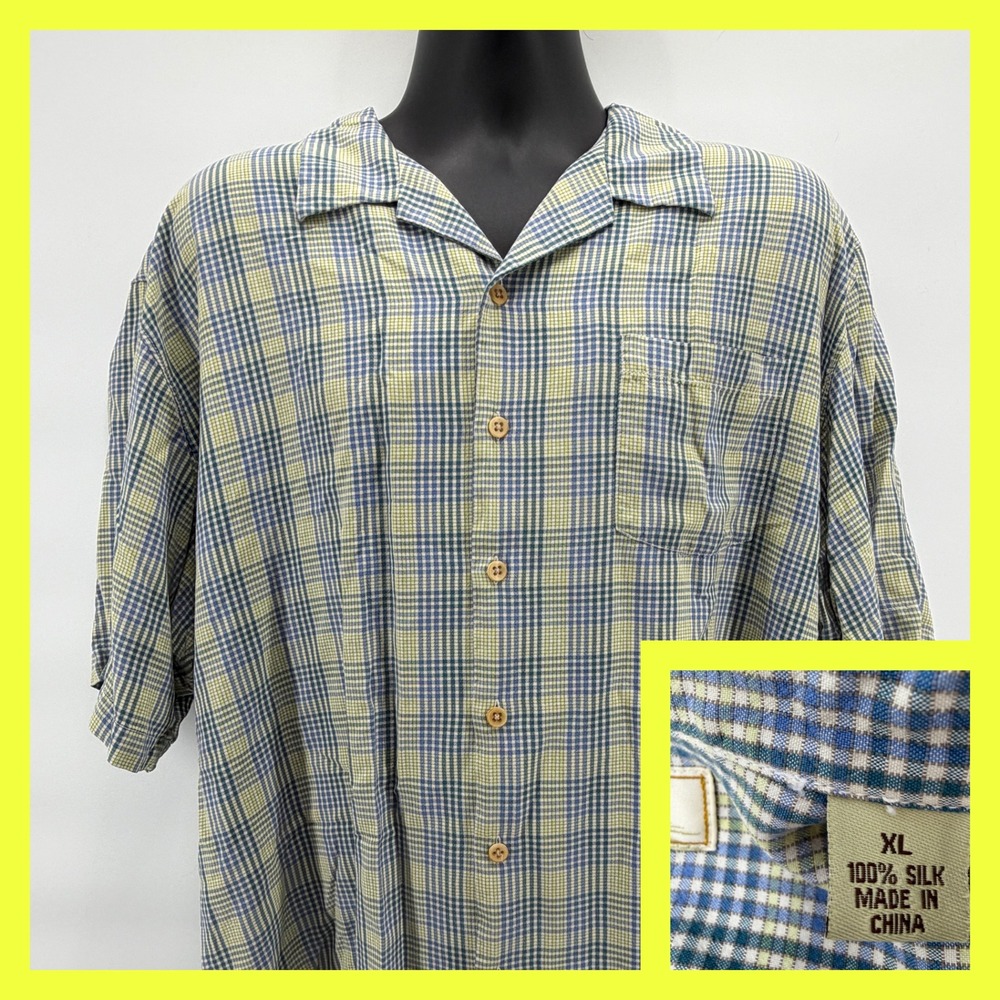 Tommy Bahama Men's XL Shirt 100% Silk Plaid Blue Green Short Sleeve Camp